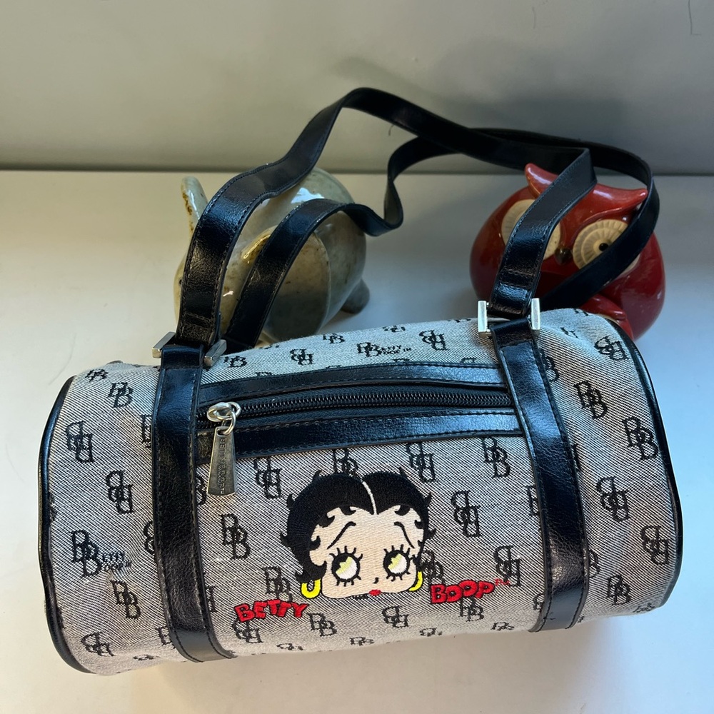 Vintage Betty Boop Gray Monogram Shoulder Barrel Bag w/Leather Trim 10x5x5 NEW